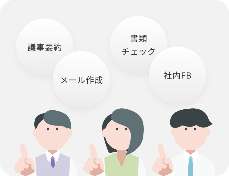 業務特化型AIのイメージイラスト – 社員3名の周囲に議事要約・メール作成・書類チェック・社内FBなど部署・業務ごとの天才くんが並び、誰でも使えることを示す