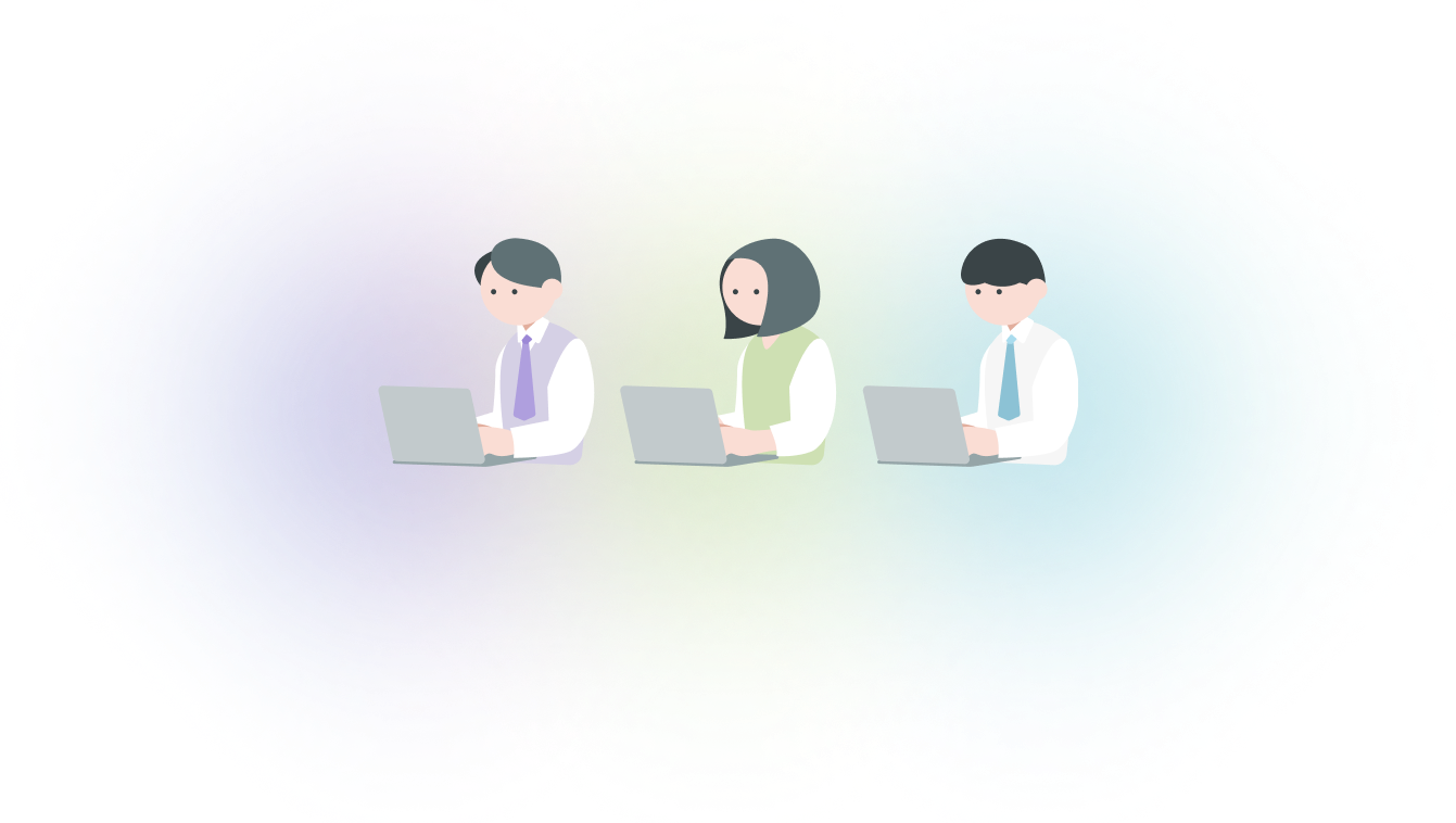 天才くんで効率化できる業務イラスト – 社員3名がPCで議事要約・営業メール・報告書作成・自己PR作成・採用面接準備・SNS投稿・社内FB・書類チェック・問い合わせ対応などの業務をプロンプト不要で簡単にこなせることを示すイラスト